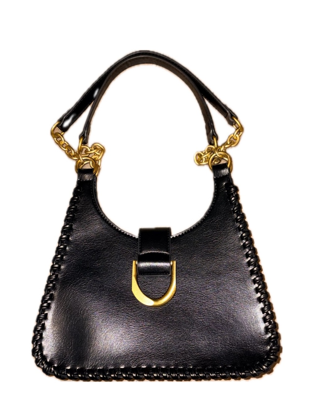 Black Leather Shoulder Bag with Gold Hardware